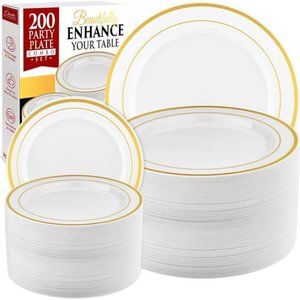 200pc Gold Plastic Plates -100Dinner Plates & 100 Salad Plates,White+Gold-Rimmed